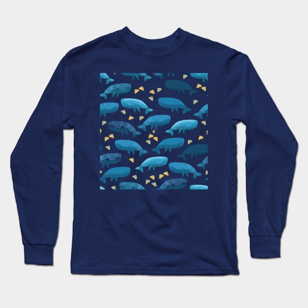 Blue whales illustration poster with pattern of whales and yellow seashells Long Sleeve T-Shirt by tostoini